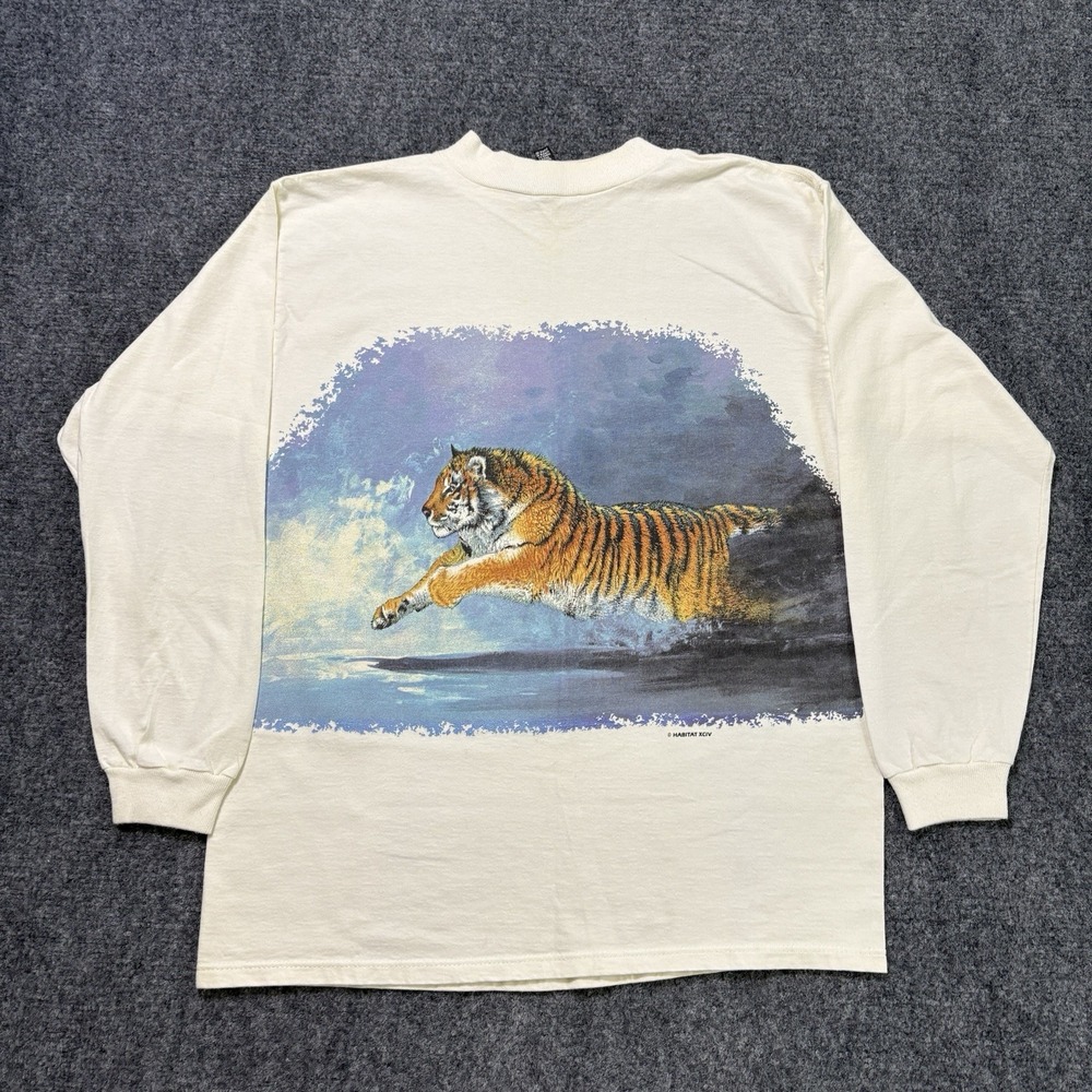 Vintage Habitat Tiger Wrap Around Long Sleeve Men's Large White 90s Nature Shirt